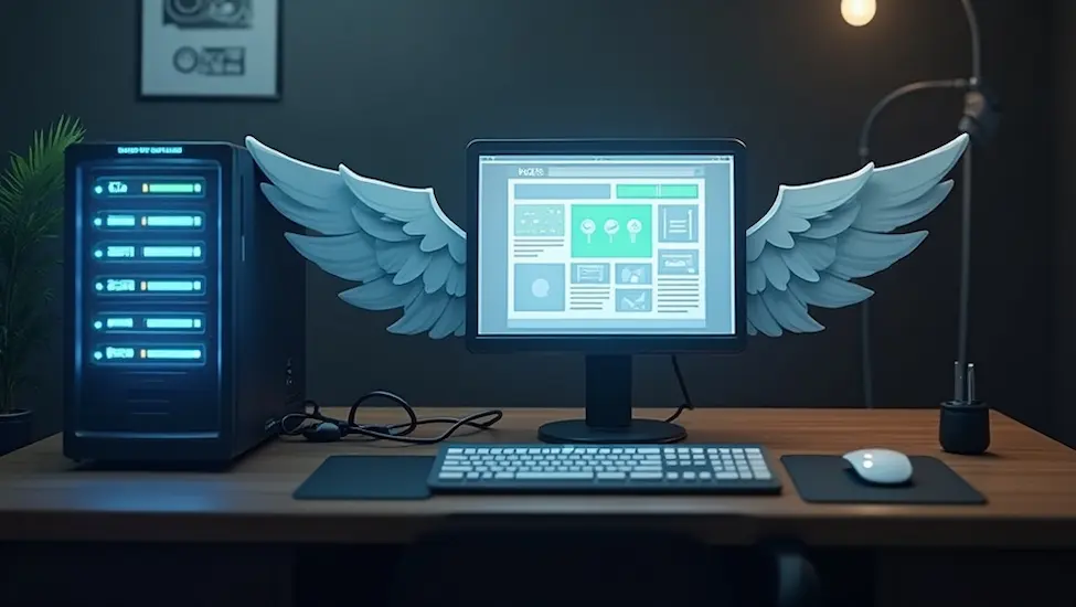 web server sat on a desk with wings to indicate it is fast