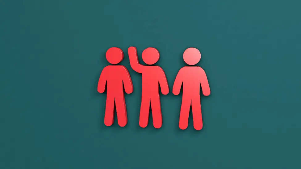 Silhouette of the three people drawn as icons. One person has their hand raised to volunteer.