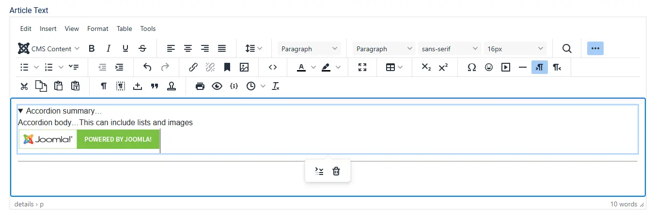 TinyMCE editor with accordion