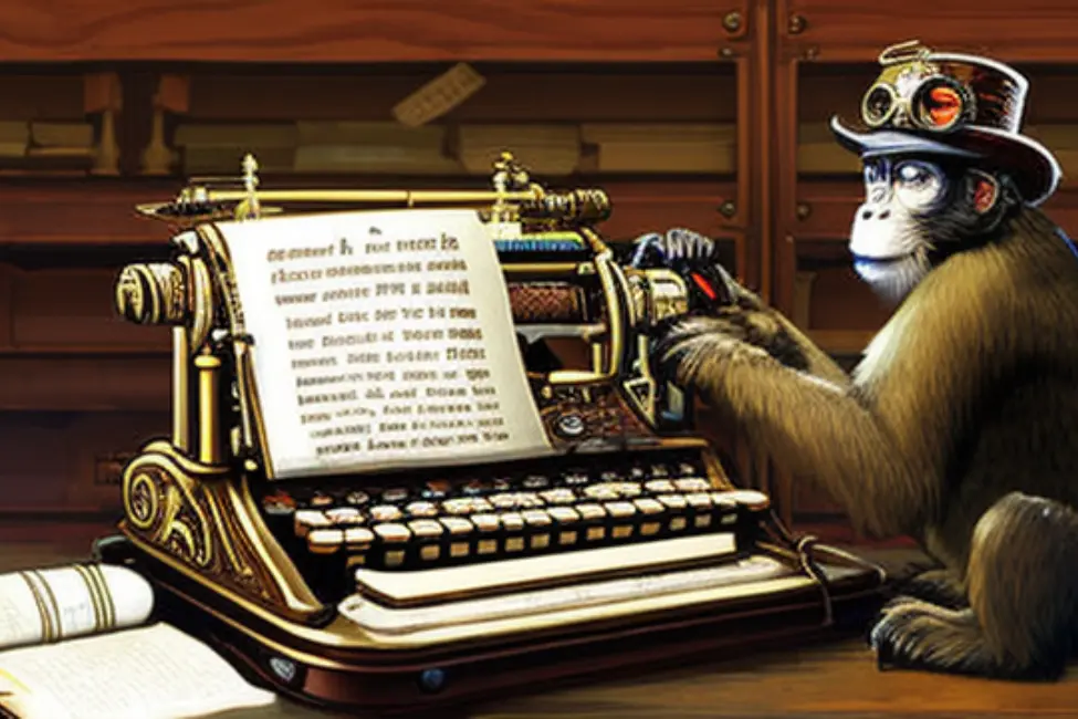 ai generated painting of steampunk monkey typing on a manual typewriter 