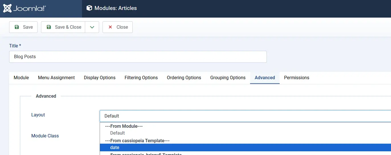 selecting an alternative layout in the module manager
