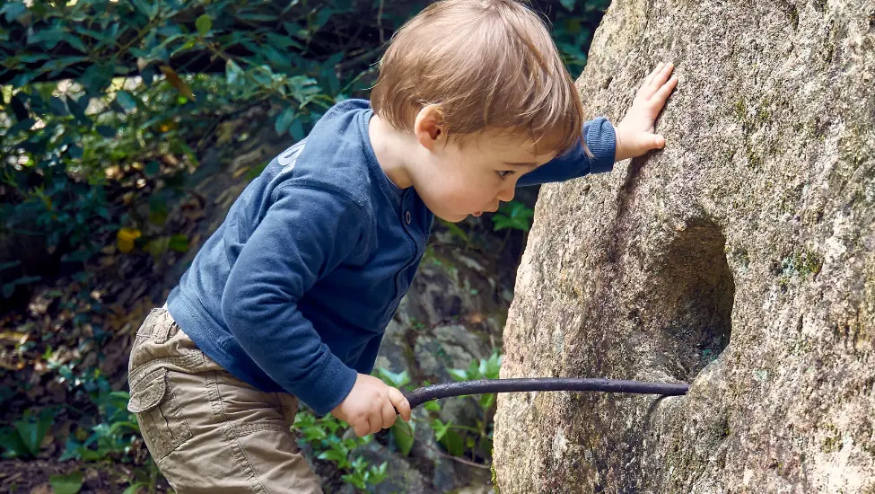 Young child prodding a hole in a rock with a stick