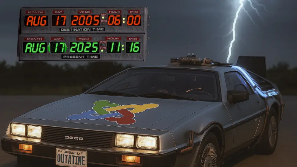 Delorean car from the movie Back to the Future with a Joomla logo on the bonnet and a flux capacitor clock with the date August 17 2005