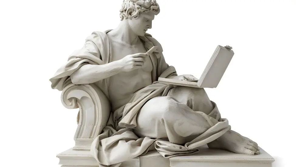 classical greek or roman stone statue of man reclining with a computer and phone
