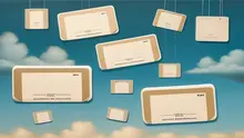 in the style of magritte. paper luggage address labels floating in the sky