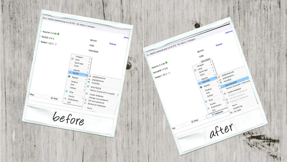 before after image showing laragon with mysql and then mariadb