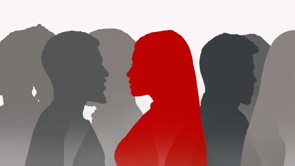 a group of people in silhouette with one highlighted in red