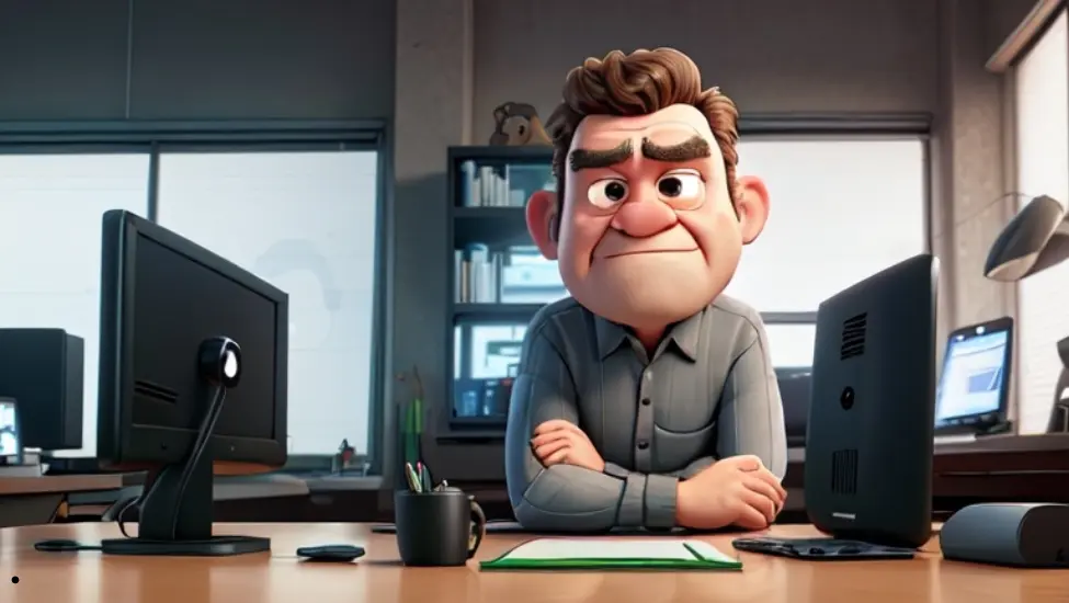 grumpy old man sat in front of computer in the style of disney pixar