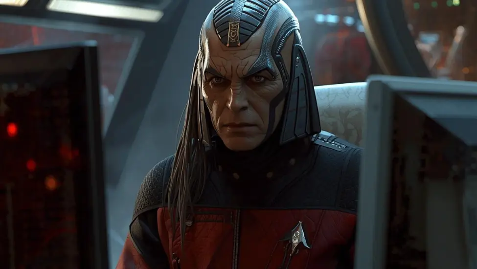 ai generated image of klingon warrior sat in front of computer screens