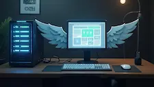 web server sat on a desk with wings to indicate it is fast