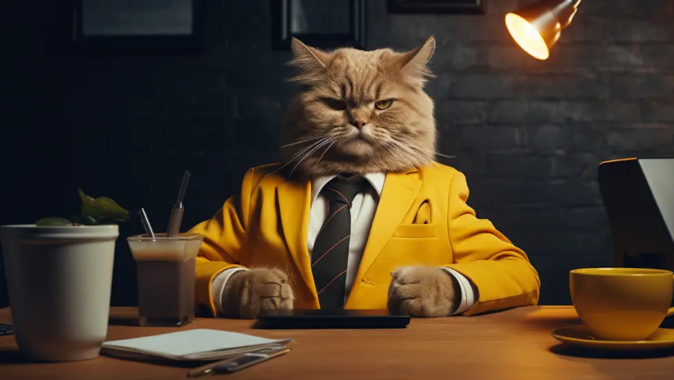anthropomorphic cat dressed in human ceo clothes of a bright yellow suit sitting behind an important desk