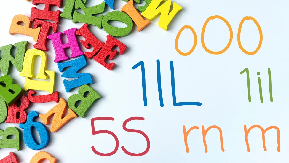 jumble of childrens colourful wooden block letters and examples of letter & number combinations that can be confusing