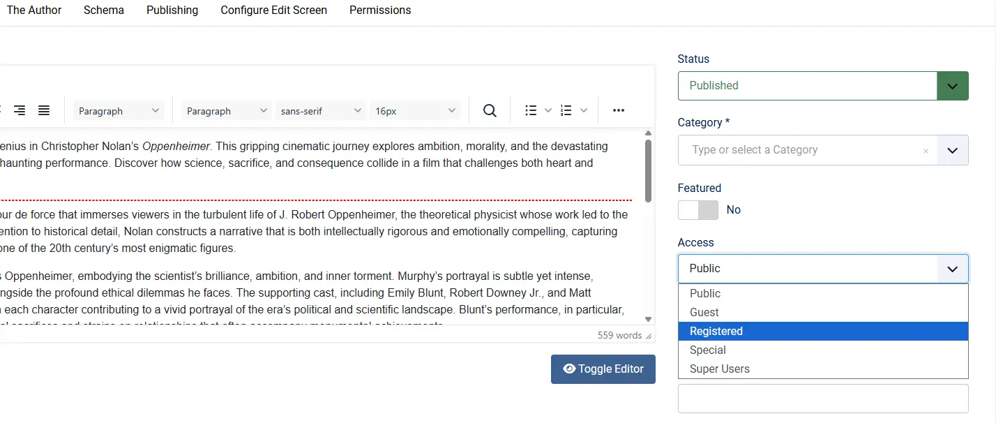 Access Level set to Registered in the Article sidebar