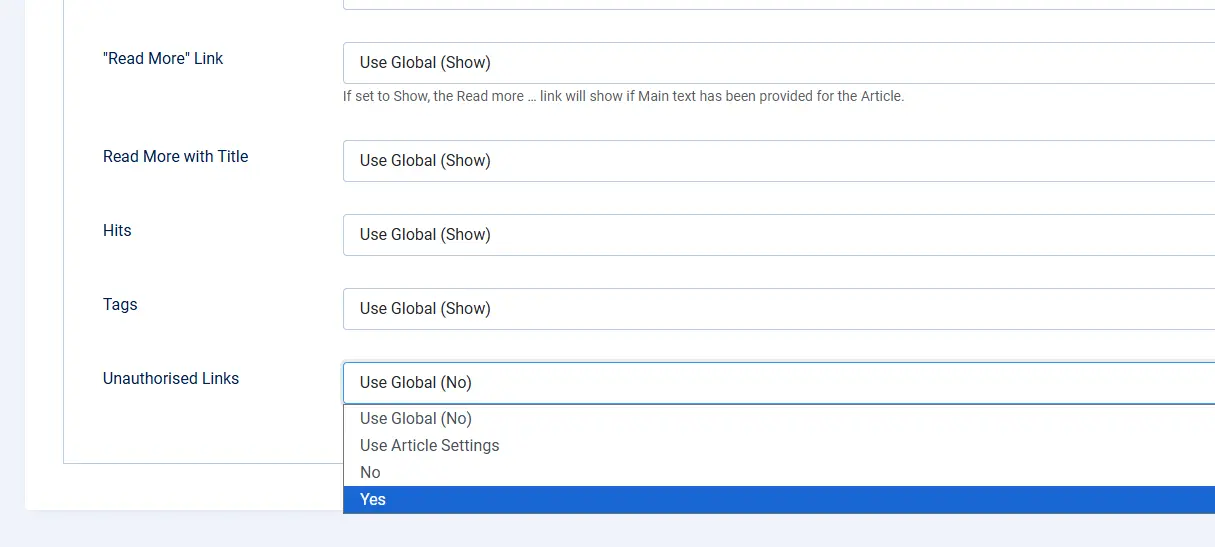 Menu item settings with Show Unauthorised Links = Yes