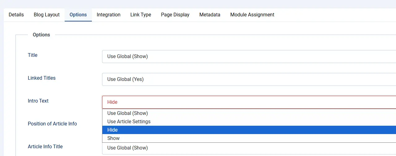 Blog menu item settings showing Intro Text = No