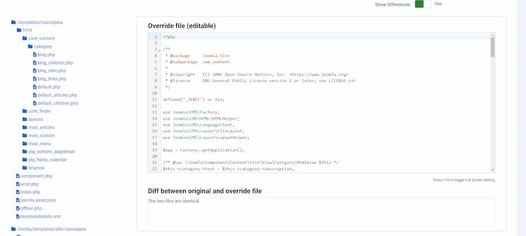 Screenshot showing the Diff between original and override file