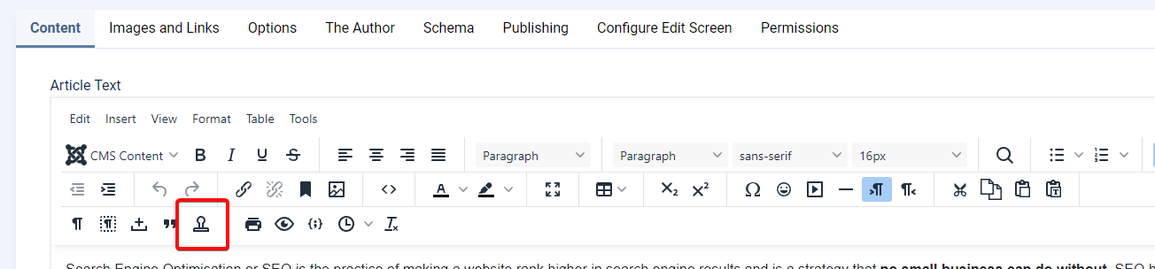 selecting the Content Template on the TinyMCE Toolbar