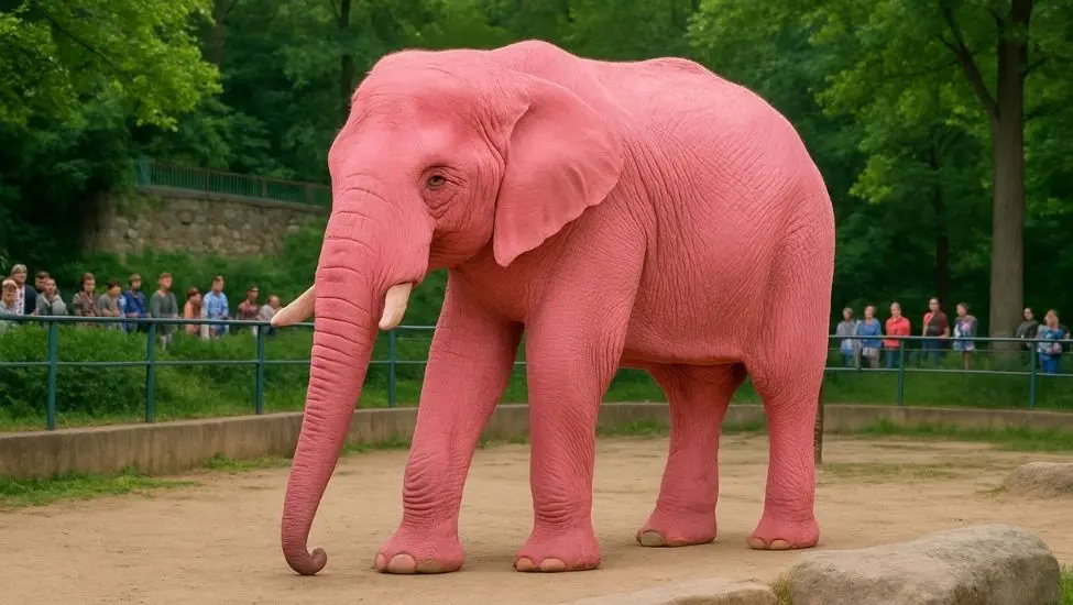 Pink elephant walking on sand in a public zoo