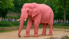 Pink elephant walking on sand in a public zoo