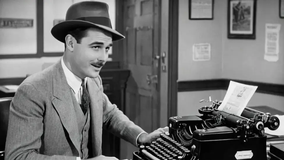 1920s journalist sat in front of manual typewriter