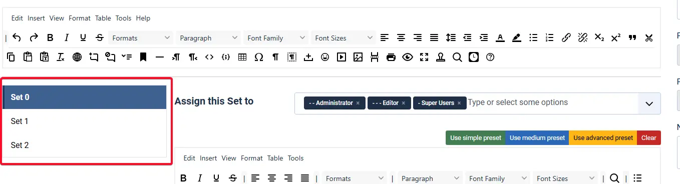 tinyMCE configuration sets