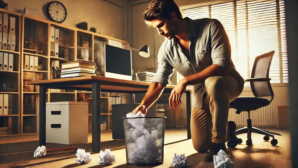 A man on his knees in an office, retrieving a crumpled piece of paper from a trash can. The office has a desk with a computer, a chair, and some books