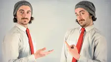 twin hipsters wearing beanies and red ties pointing at each other