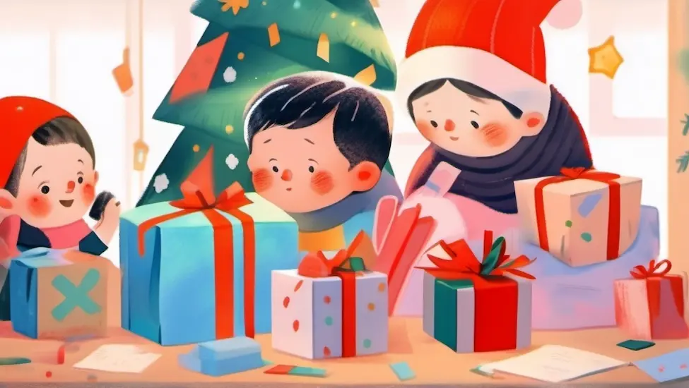 child making xmas presents of wooden letters and wrapping them in gift paper